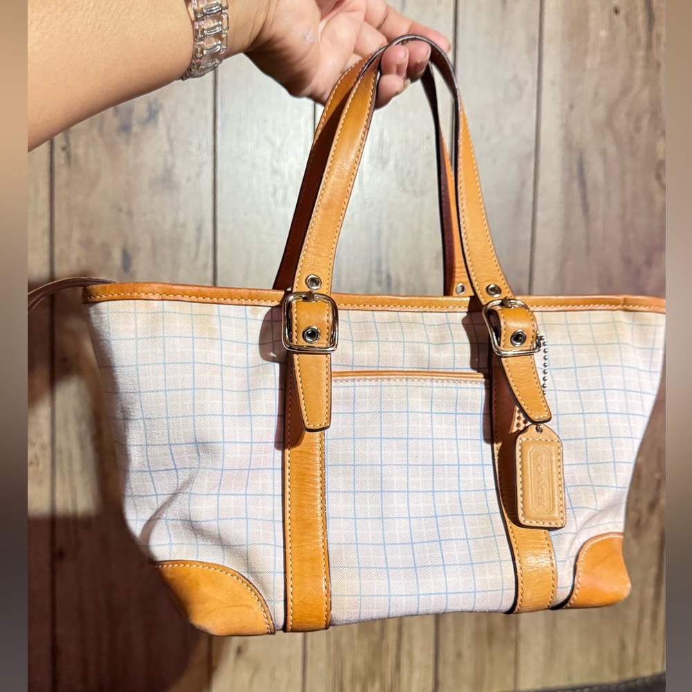 Vintage Coach Tan and Cream Checkered Mini Tote
